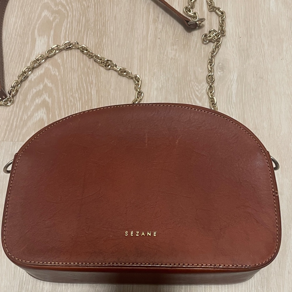Sezane Brown Leather Crossbody Bag with Gold Chain